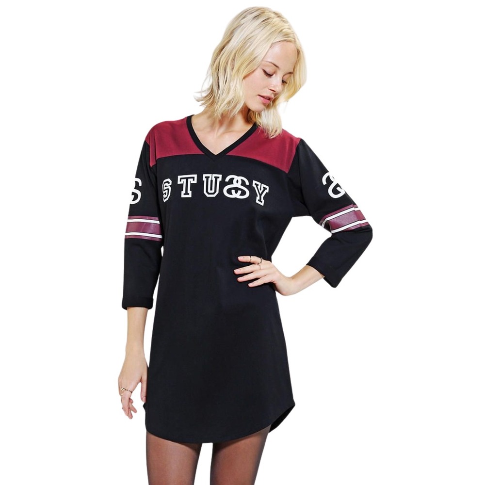 Stussy Jersey Graphic Tunic Tee Womens Small Black Burgundy 3/4 Sleeve Raglan 80